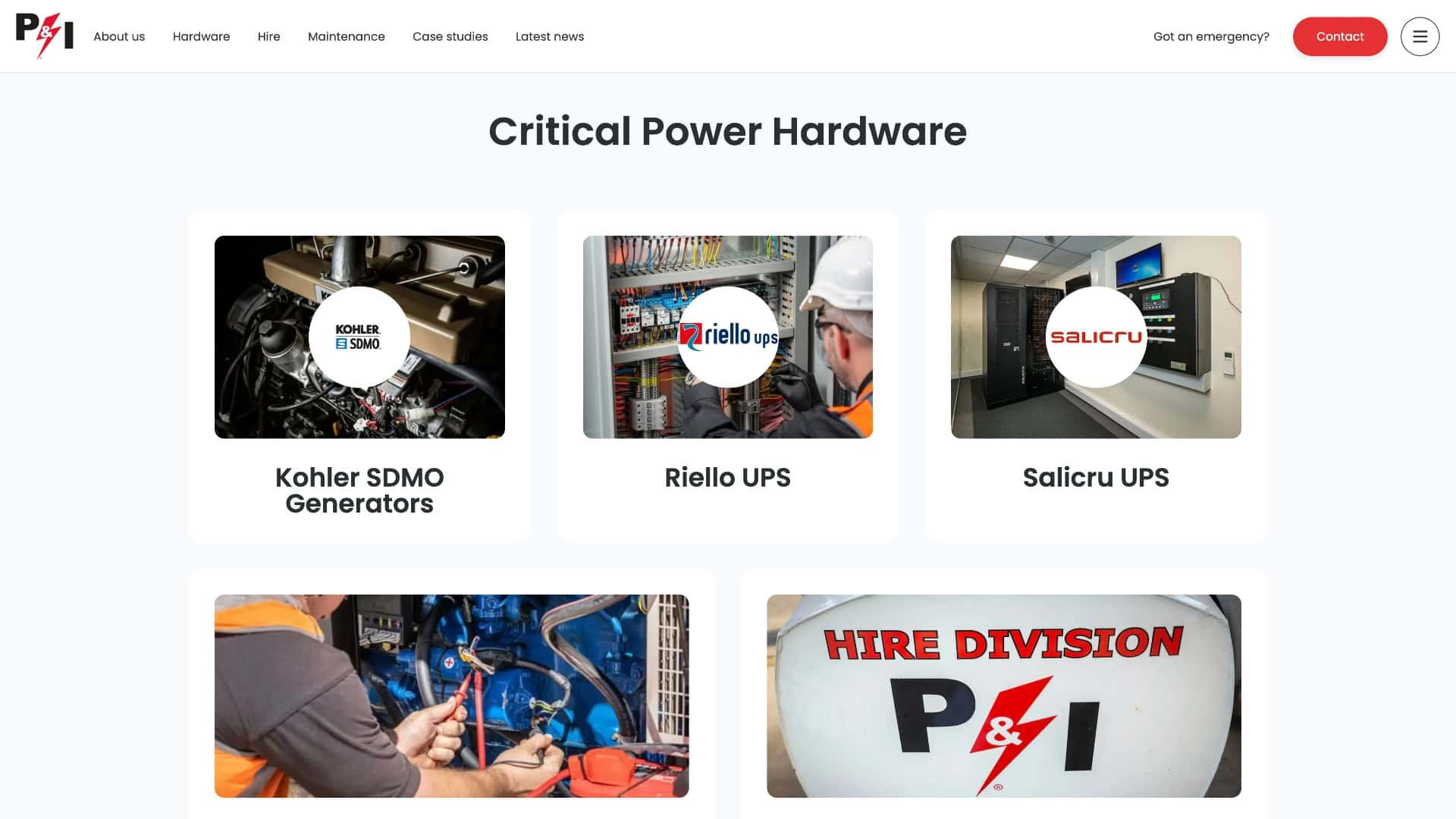 Website page highlighting critical power hardware with Auto Draft images of generators and UPS systems, and a section for hiring equipment.
