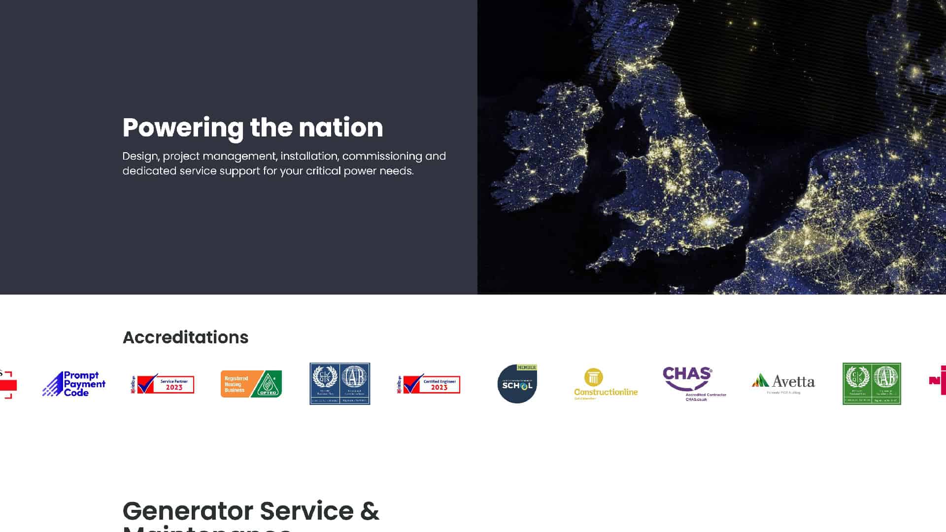Promotional Auto Draft material for a power services company, featuring a satellite image of illuminated regions at night, with accreditation logos below.