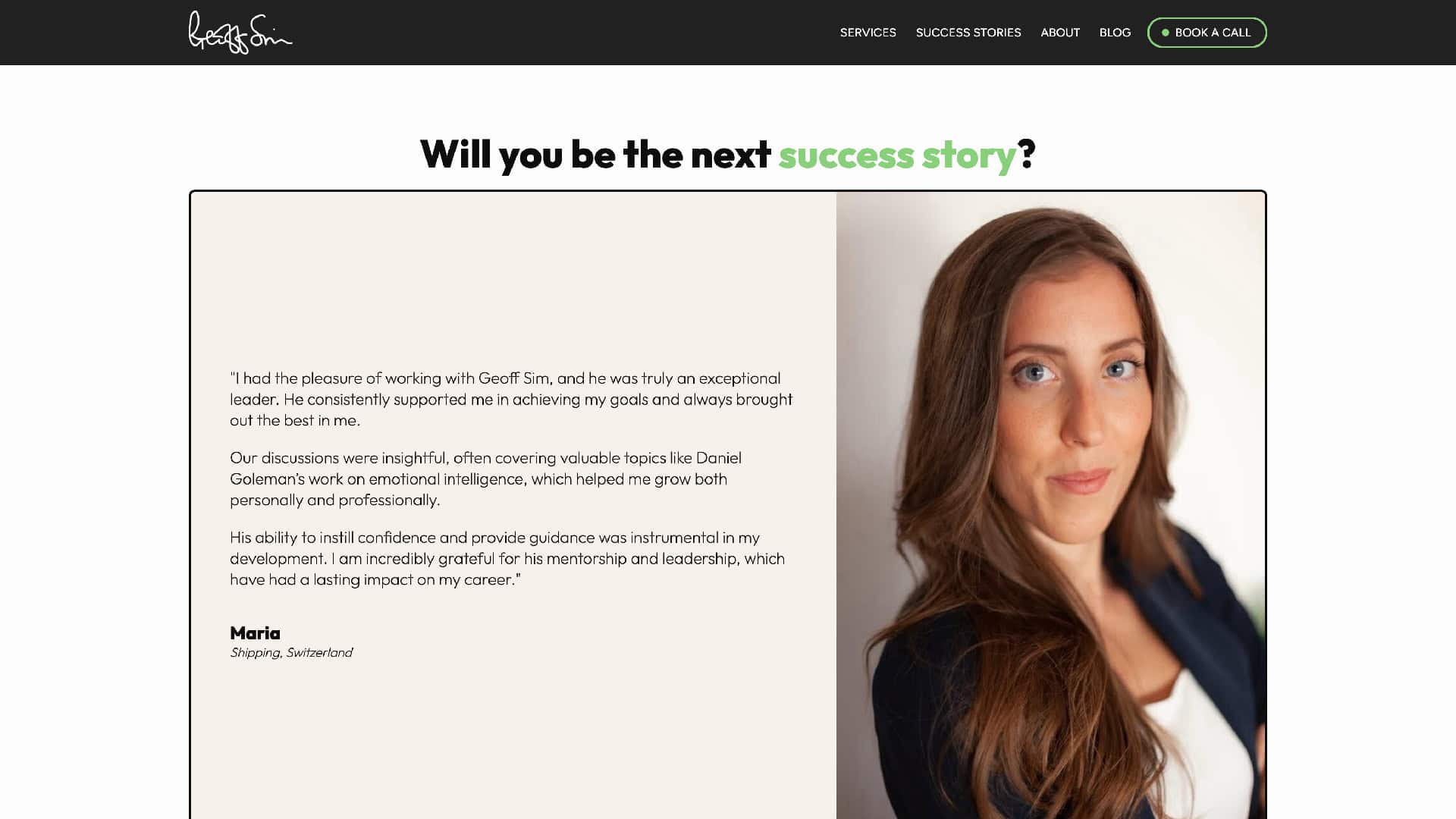A woman in business attire is on the right side of a webpage with a black header. The text on the left discusses success stories, highlighting Maria from Sierre, Switzerland, under the insightful guidance of mentor Geoff Sim.