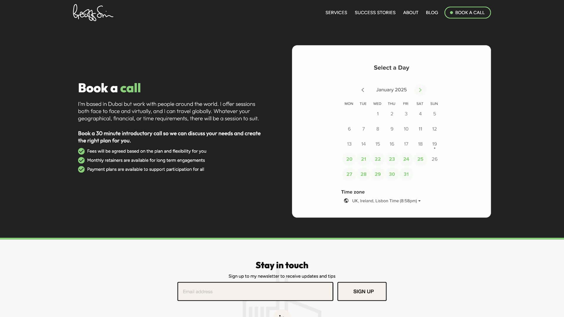 Explore the booking page to schedule a call with mentor Geoff Sim. View the January 2025 calendar with selectable days, a green "Book a call" section, and a "Stay in touch" email signup form below.