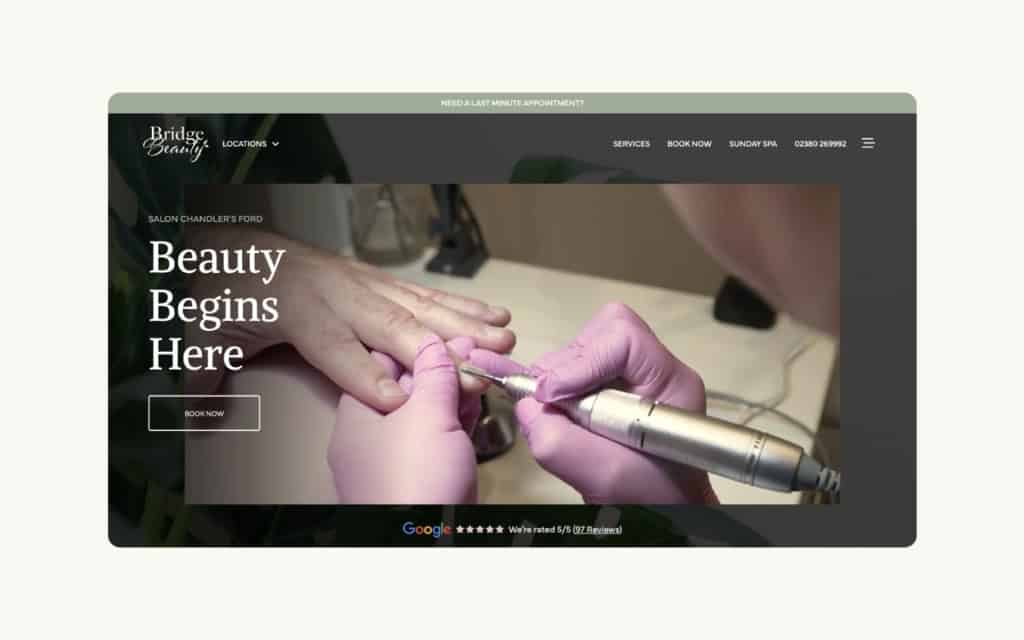 A website homepage showing a close-up of a manicure in progress with pink gloves. Text reads "Beauty Begins Here." A "Book Now" button is visible. | Rubber Duckers