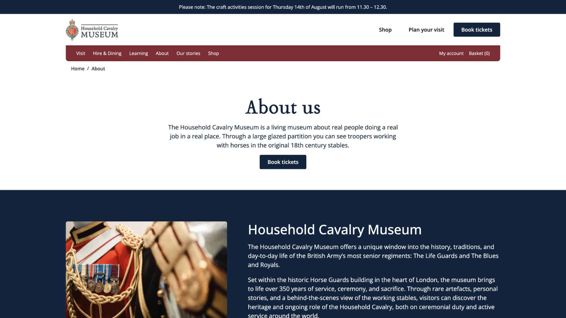Screenshot of the Household Cavalry Museum’s “About us” webpage, displaying the London museum’s purpose, navigation menu, booking button, and a description of its historical exhibits. | Rubber Duckers