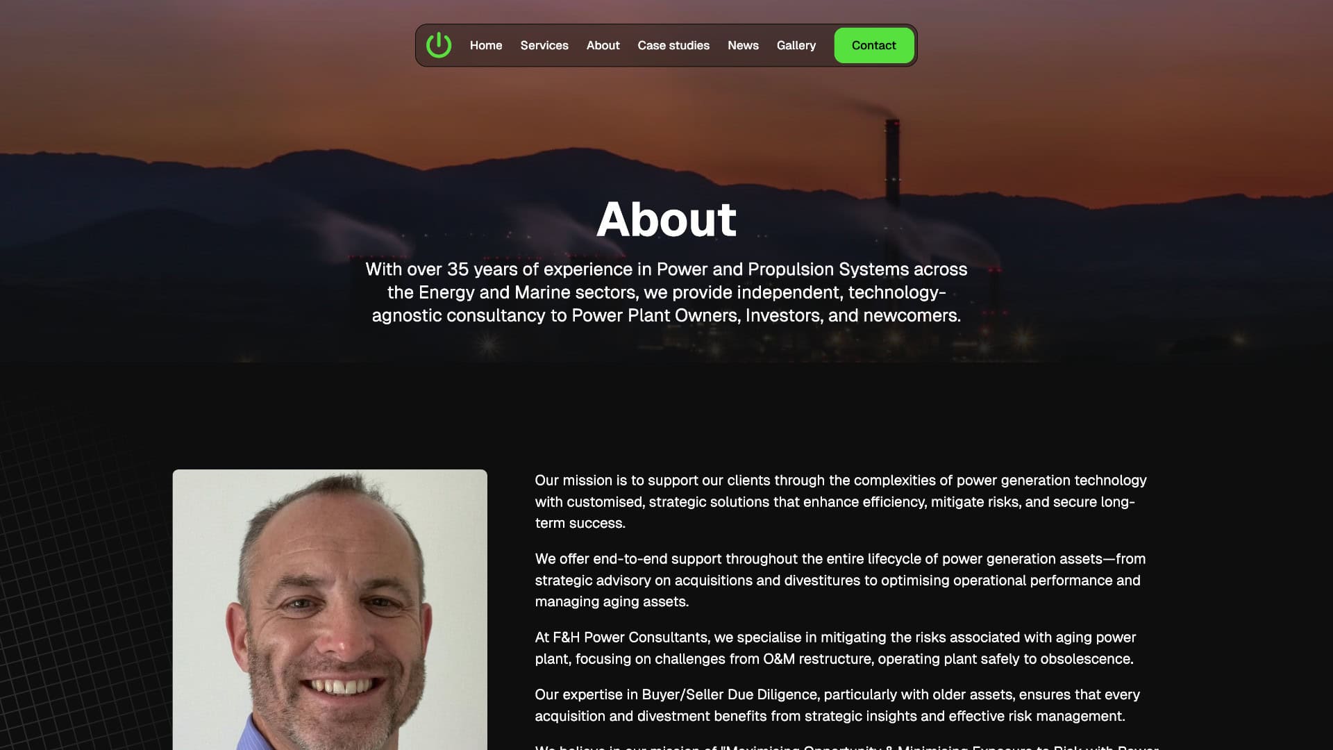 A website About page for F&H Power Consultants, leading experts in energy consulting, featuring a cityscape background, company description, and a headshot of a smiling man in the lower left corner. | Rubber Duckers