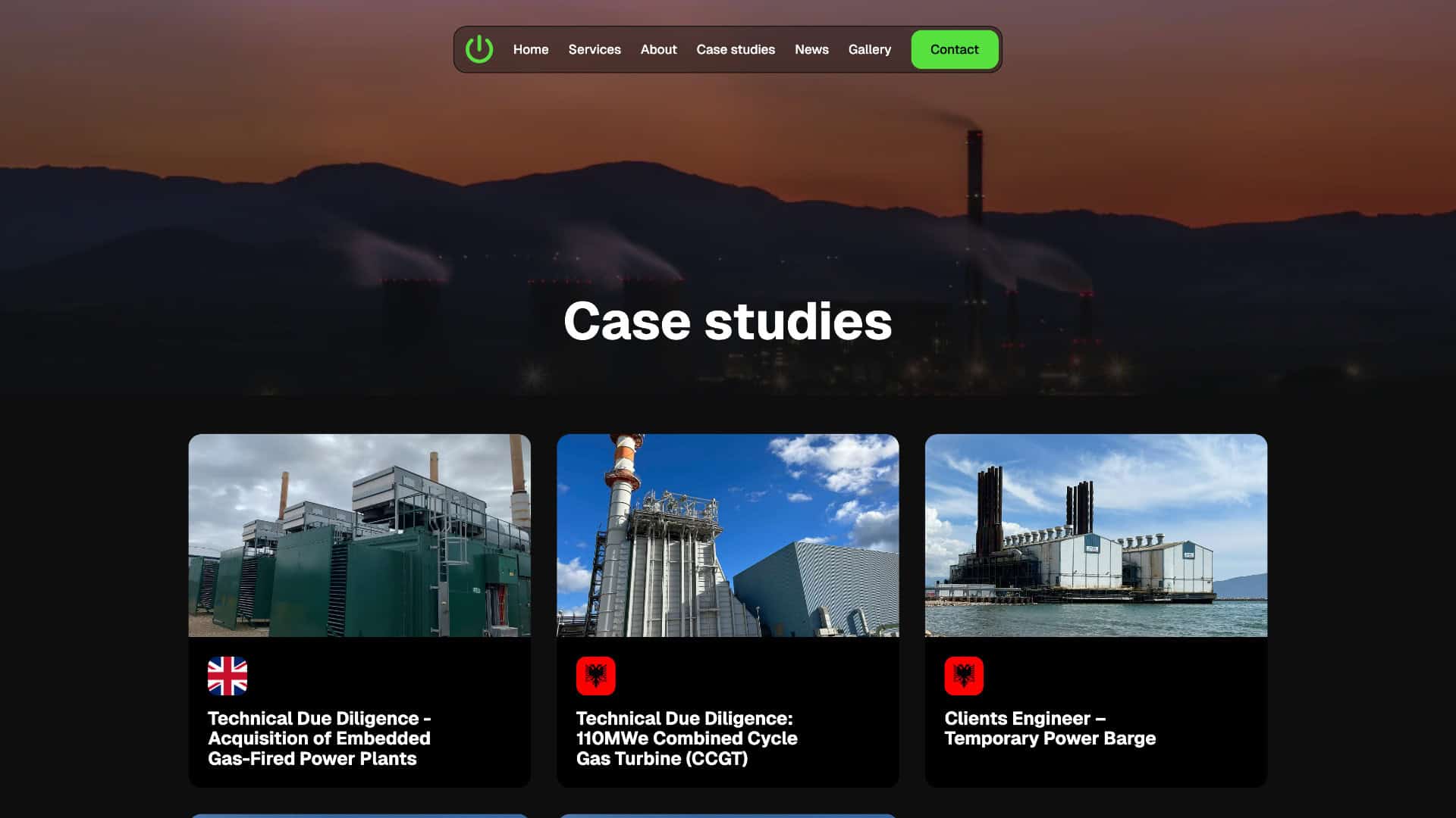 Website section titled "Case studies" displays three case study cards with images of industrial power plants and barges, each card featuring a project title, flag icon, and highlights Energy Consulting expertise from F&H Power and Power Consultants. | Rubber Duckers