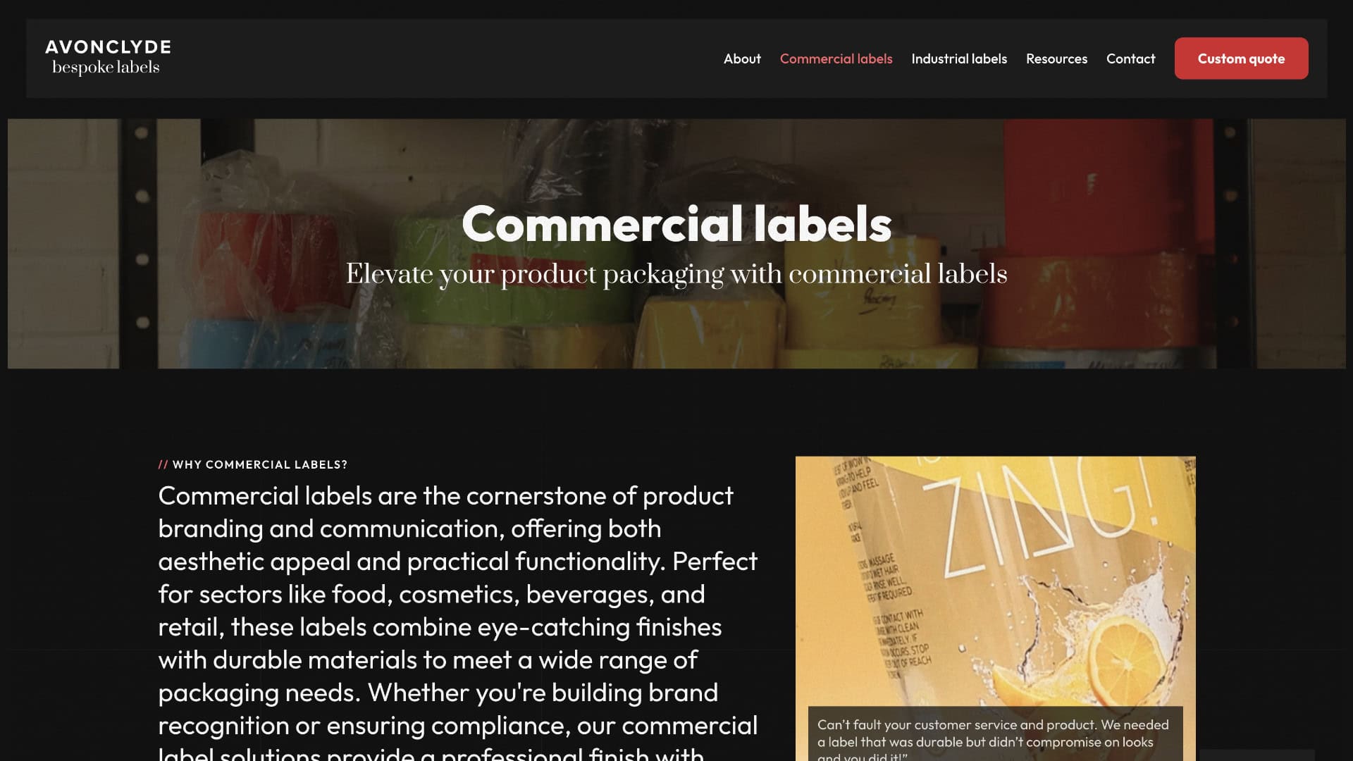 Screenshot of a website section titled "Commercial labels" showing colorful label rolls in the background and descriptive text about the importance of bespoke labels for product packaging. | Rubber Duckers