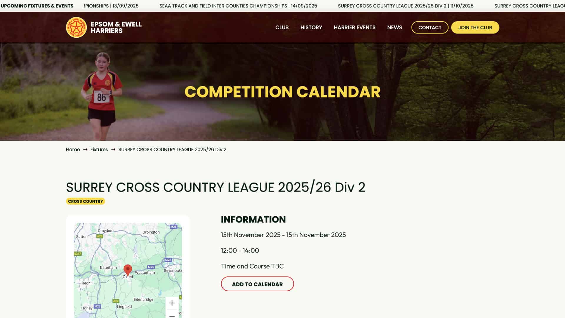 Screenshot of the Epsom & Ewell Harriers athletics club website featuring Surrey Cross Country League 2025/26 Division 2 event details and a photo of a club runner on a scenic trail. | Rubber Duckers