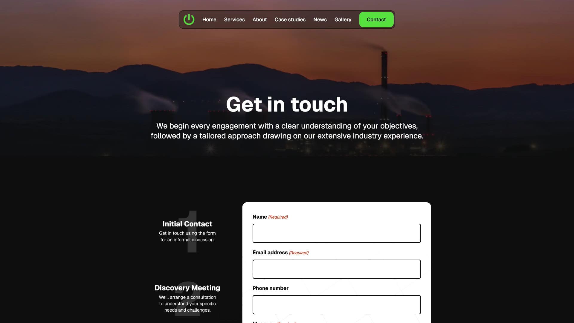 Contact page with a "Get in touch" header, form fields for name, email, and phone, plus a mountain sunset background featuring a silhouetted smokestack—perfect for Power Consultants or those seeking Energy Consulting with F&H Power. | Rubber Duckers