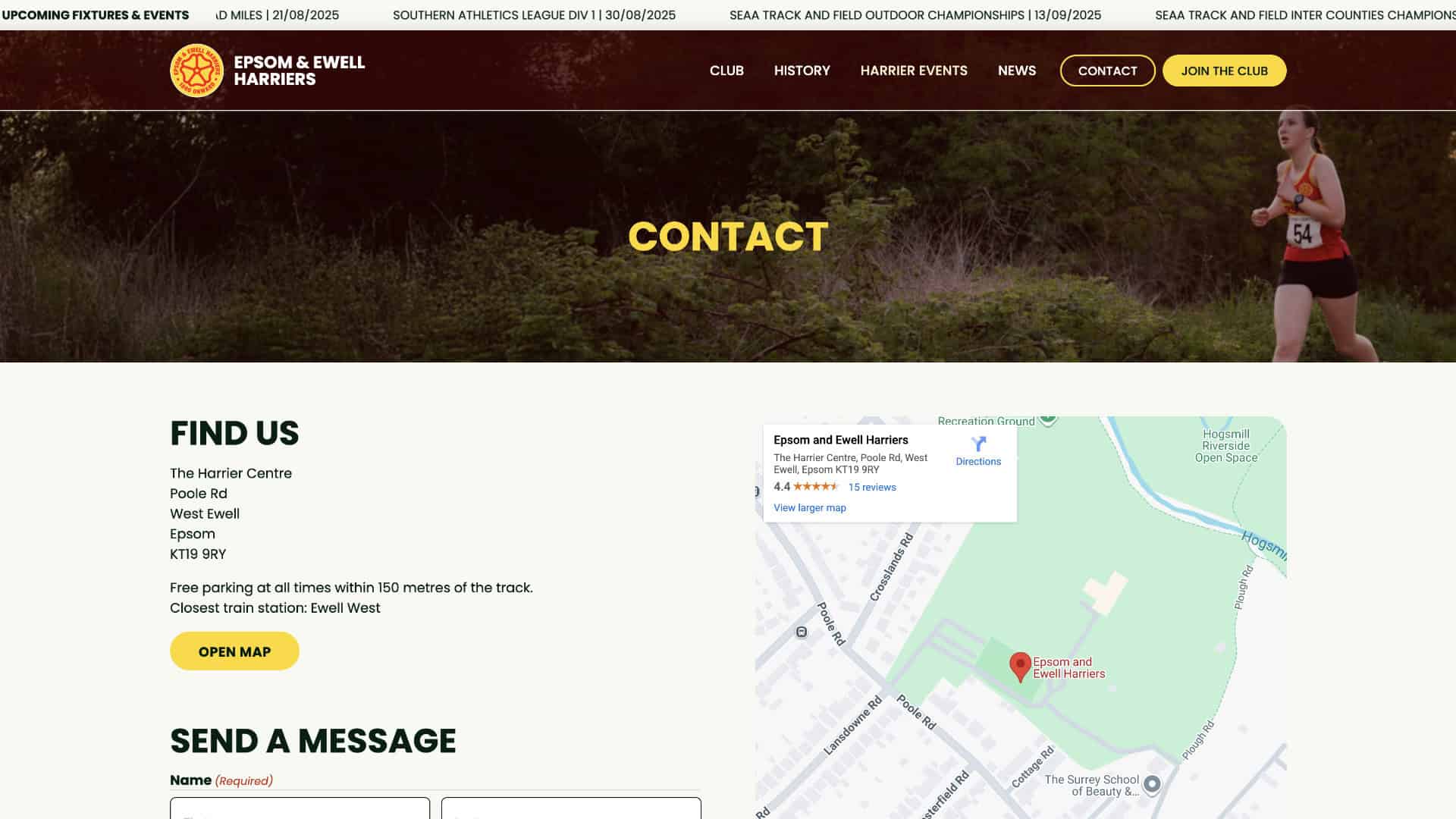Screenshot of the Epsom & Ewell Harriers athletics club contact page, featuring a map, address, contact form, and a runner on the right side of the header. | Rubber Duckers