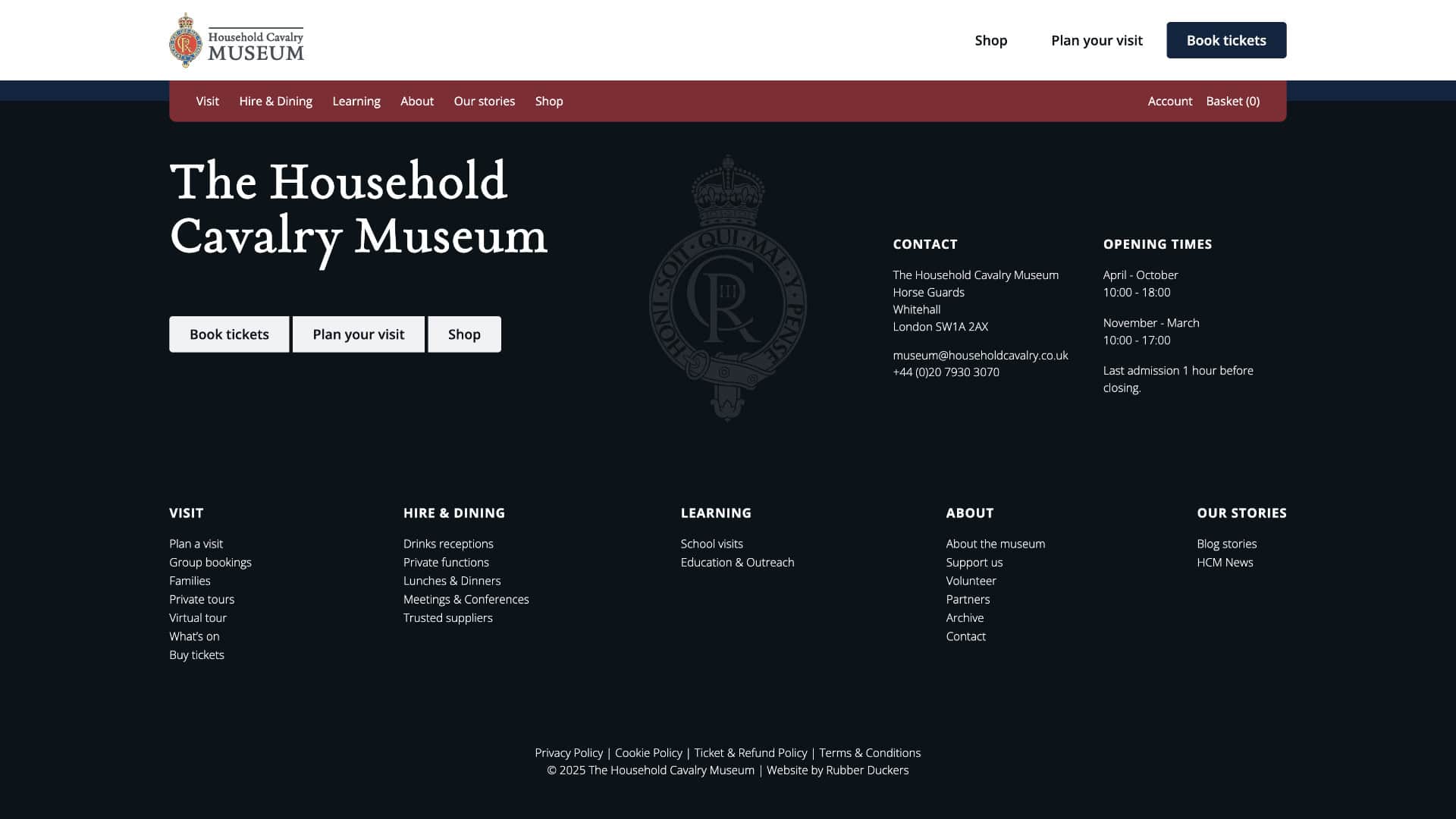 Screenshot of the Household Cavalry Museum website homepage, a London museum with navigation links, contact details, and three main action buttons: Book tickets, Plan your visit, and Shop. | Rubber Duckers