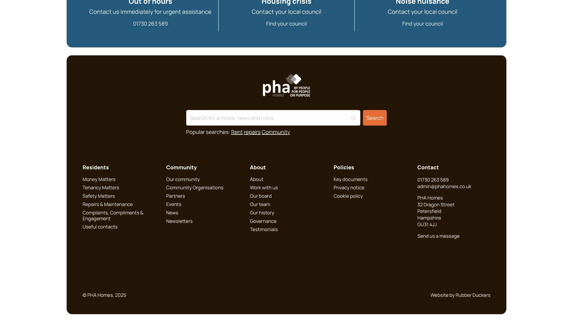Screenshot of a website footer with sections for Residents, Community, About, Policies, and contact details for PHA Homes, plus a search bar and copyright notice. | Rubber Duckers
