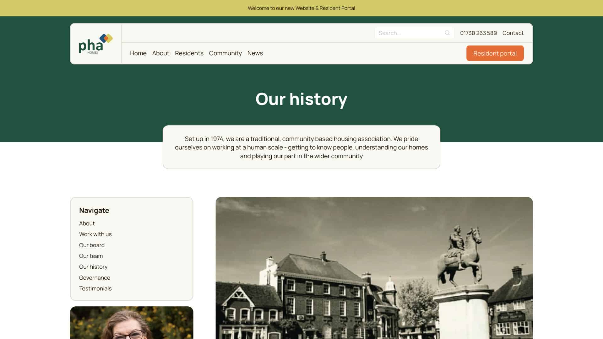 Screenshot of a housing association website's "Our history" page, showing navigation links, a brief organizational history, and a historical black-and-white photo of a statue and buildings. | Rubber Duckers