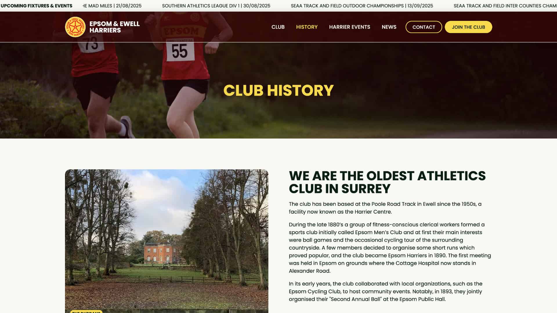 Two runners in numbered vests jog on a grassy path in Epsom; below, a historic brick building stands behind lawns and trees. Text explores the history of the Epsom & Ewell Harriers athletics club. | Rubber Duckers