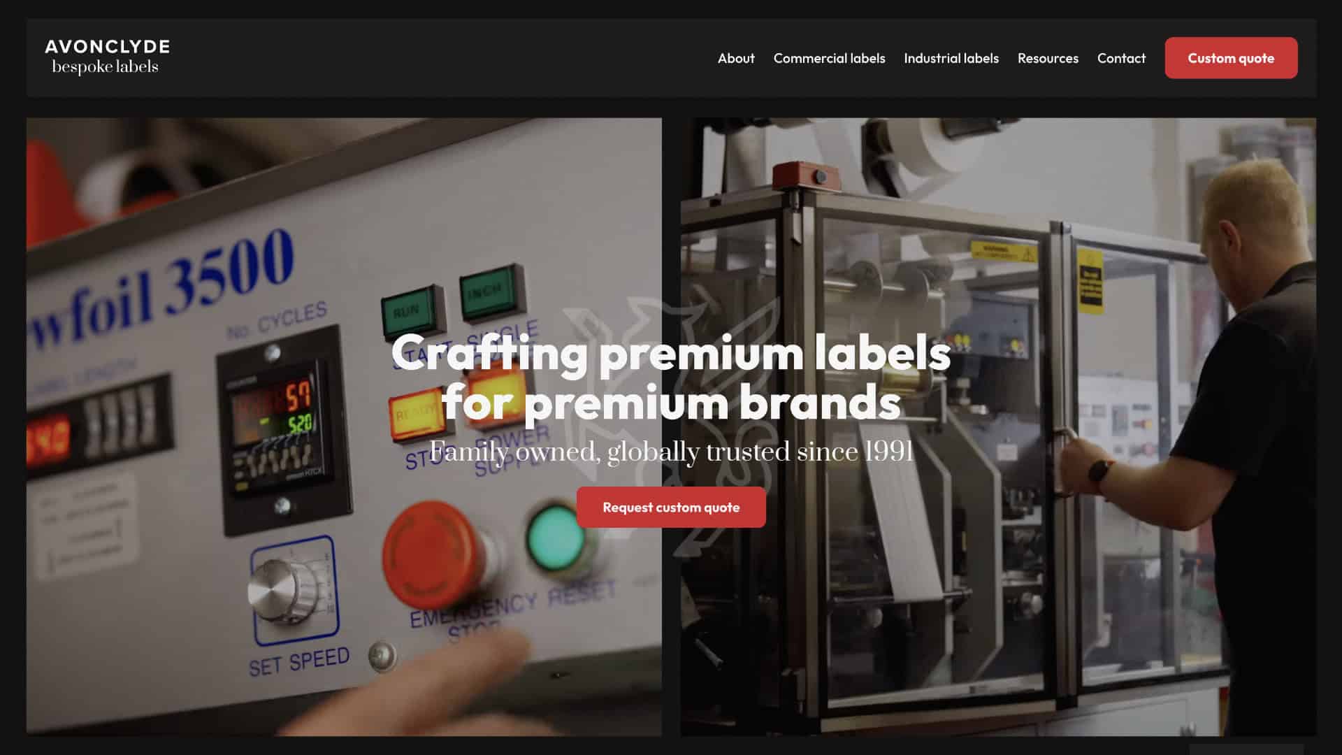 A split-screen shows a close-up of a label printing machine control panel on the left and a person operating industrial labeling equipment to create bespoke labels on the right. | Rubber Duckers