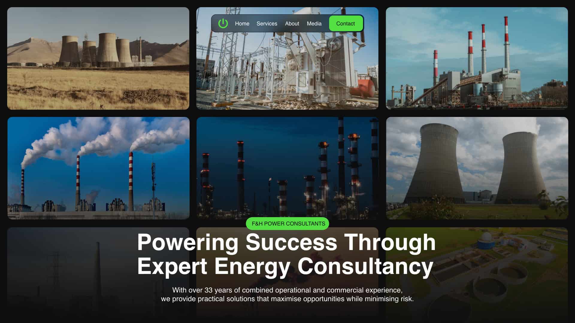 A collage of power plants and industrial facilities above a website header reading "Powering Success Through Expert Energy Consultancy" highlights F&H Power, expert power consultants, with navigation and contact options. | Rubber Duckers