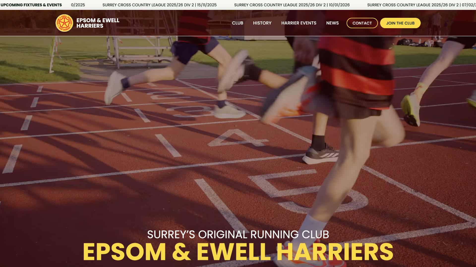 Several runners cross a finish line on an outdoor track, representing Surrey’s Epsom & Ewell Harriers athletics club, with club details and the name "Epsom & Ewell Harriers" overlaid. | Rubber Duckers