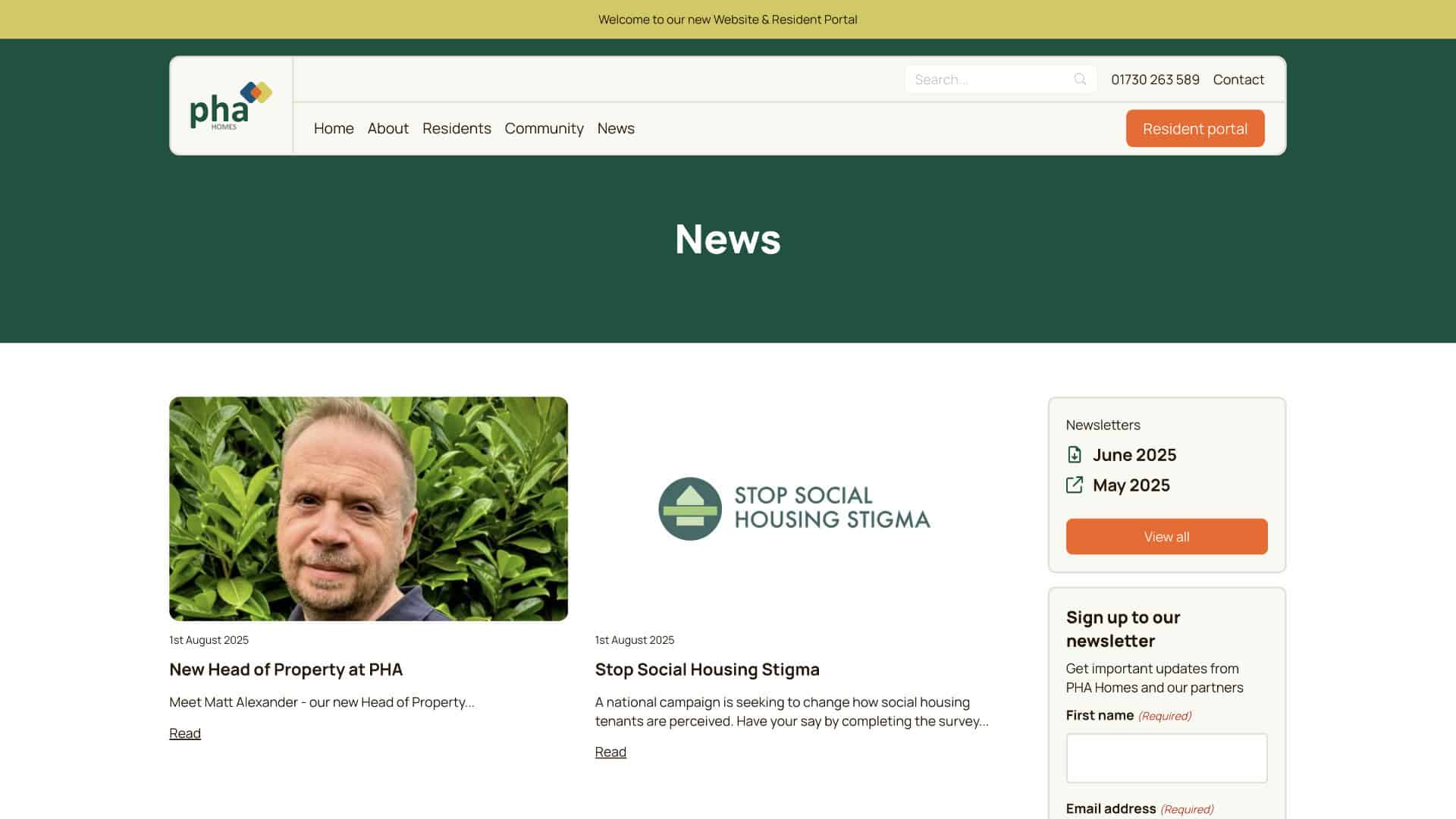 Screenshot of a news webpage featuring two articles: one introducing a new head of property and another about stopping social housing stigma. A newsletter sign-up and subscription box appear on the right. | Rubber Duckers