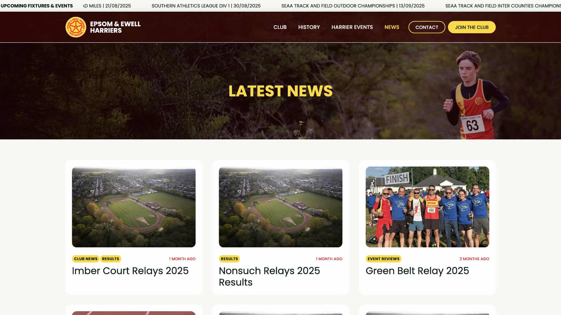 Screenshot of the Epsom & Ewell Harriers athletics club website featuring the latest news section with images and updates about relay events and race results. | Rubber Duckers
