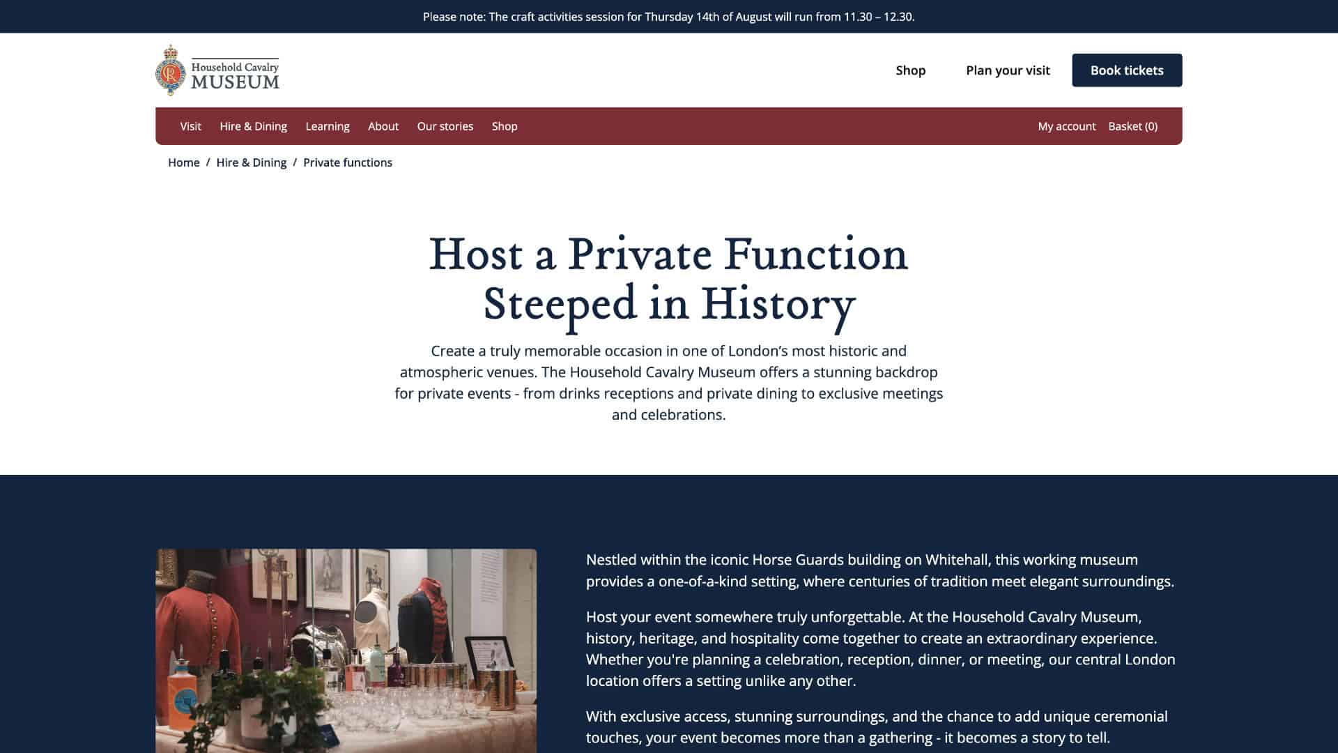 Screenshot of a Household Cavalry Museum webpage advertising private function hosting, showing event options and a photo of an event setup among historic British military history artifacts at this renowned London museum. | Rubber Duckers