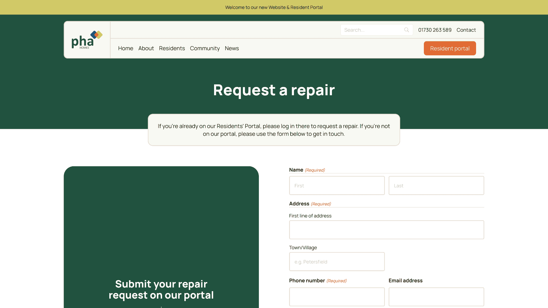 A website page titled "Request a repair" with a form for residents to submit repair requests, including fields for name, address, and phone number. | Rubber Duckers