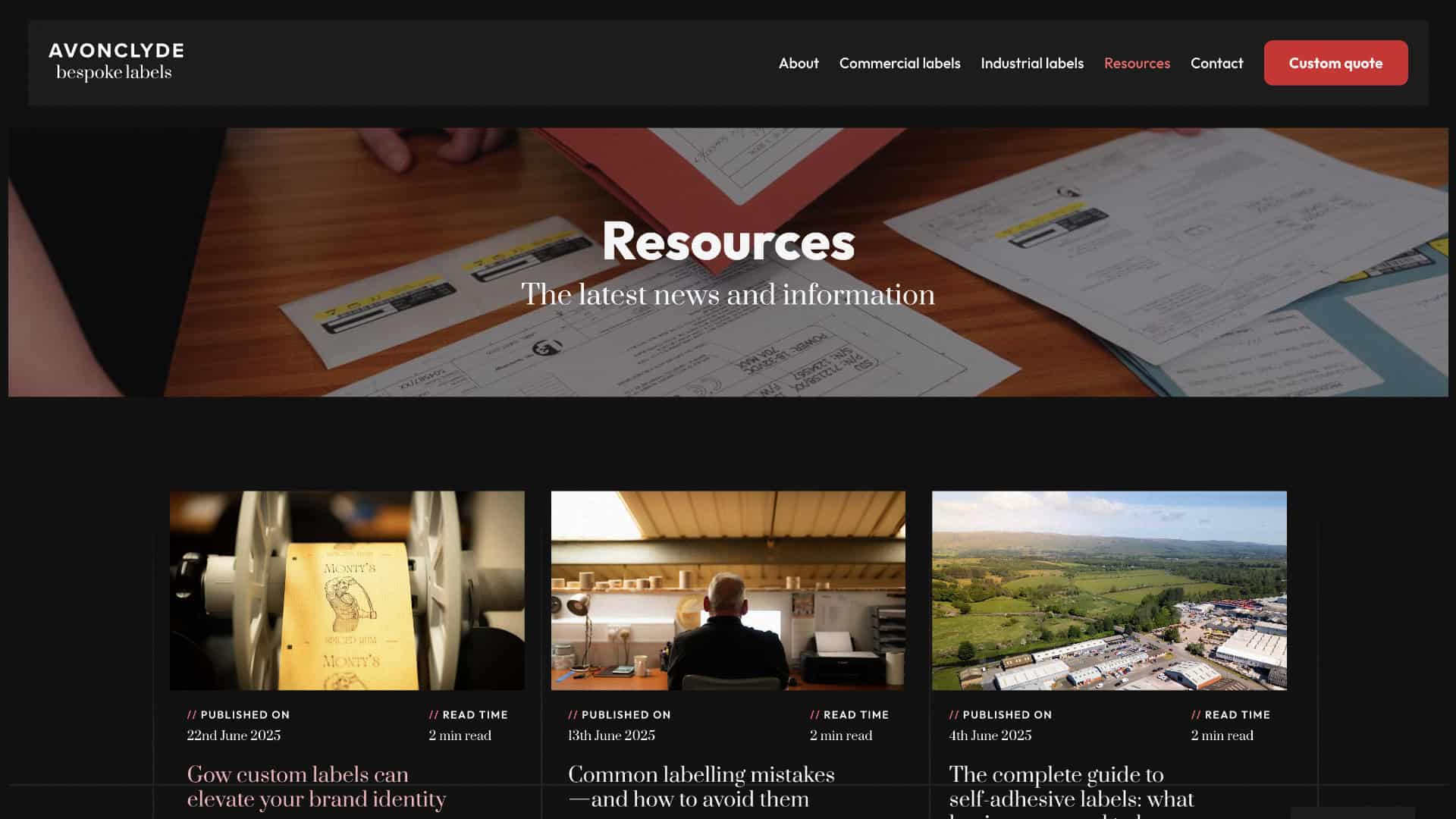 A website page titled "Resources" featuring articles about labeling and bespoke labels, with a navigation menu and a "Custom quote" button at the top right. | Rubber Duckers