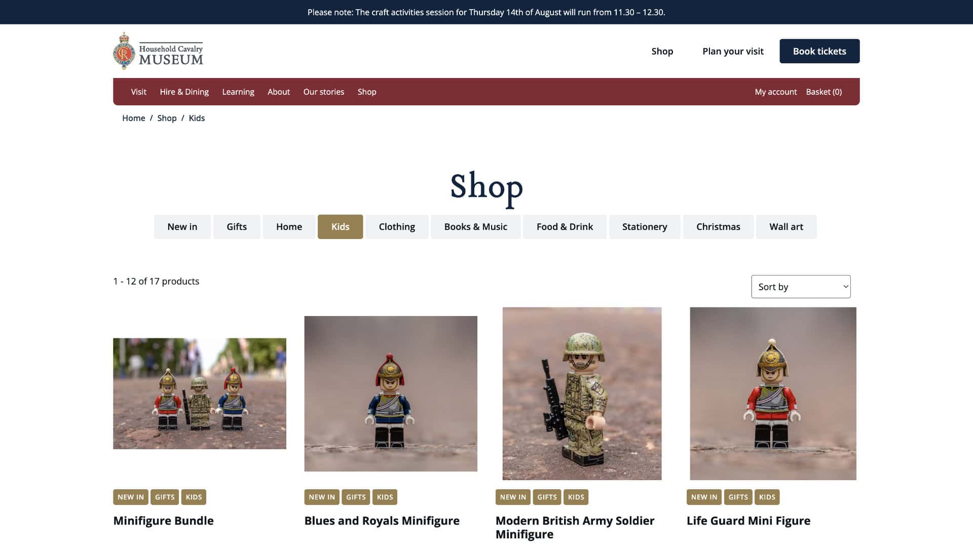 Screenshot of a museum online shop page displaying Lego-style minifigures in the "Kids" category, including military and Household Cavalry royal figures, with navigation and search options visible, highlighting the London Cavalry Museum collection. | Rubber Duckers