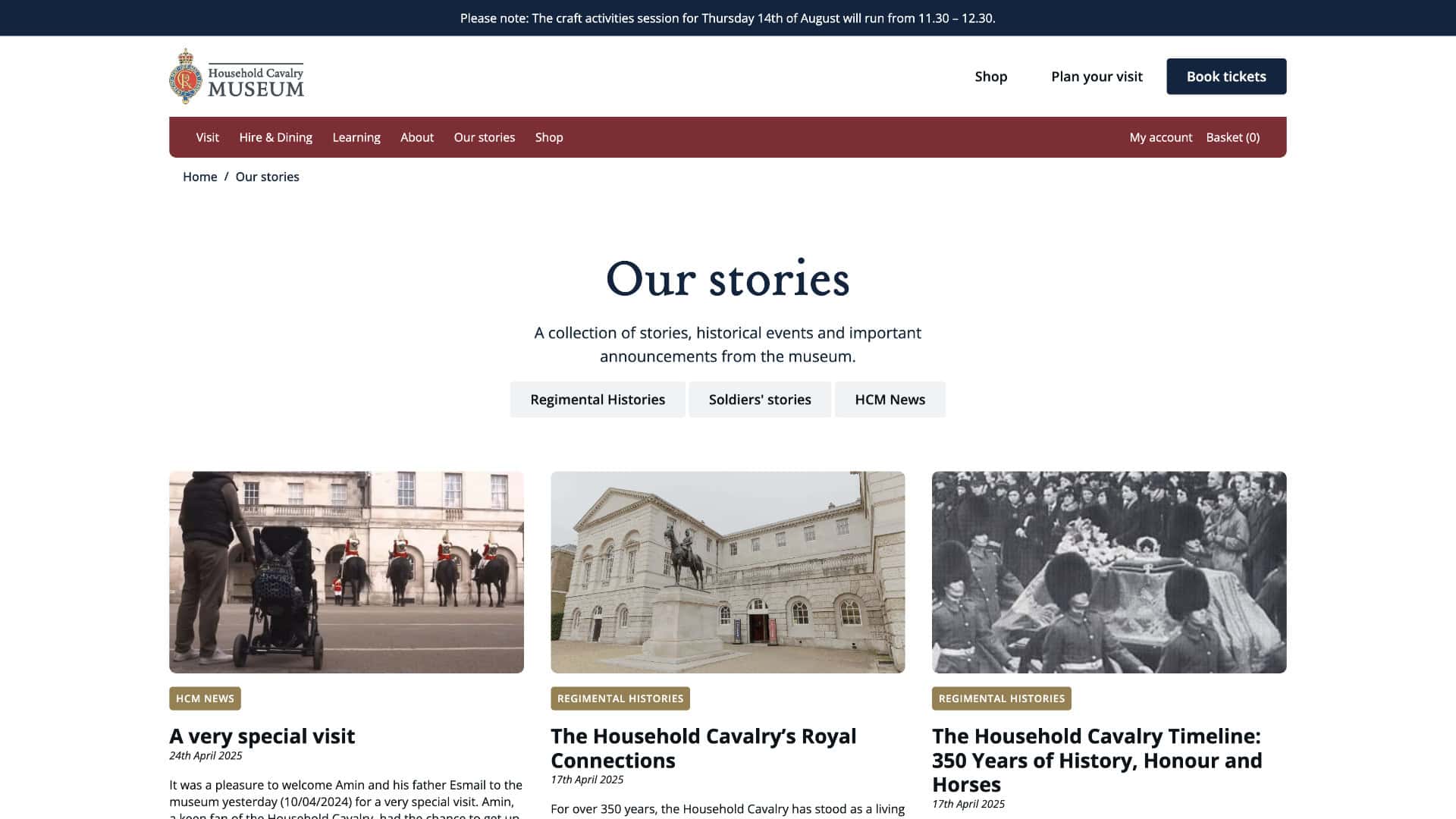 Webpage titled "Our stories" from The Household Cavalry Museum, featuring historical articles and images about visits, royal connections, and the Household Cavalry’s place in British military history. | Rubber Duckers