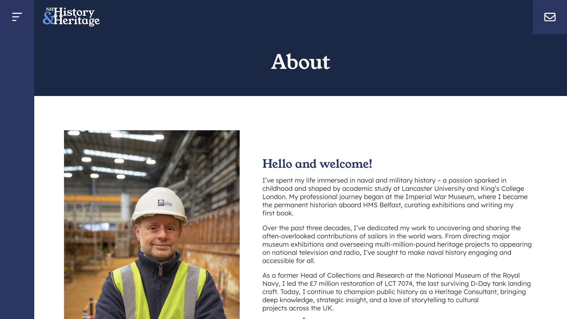 A man in a hard hat and high-visibility vest stands in a warehouse with stacked crates; text highlights Nick Hewitt’s background in museum work and naval heritage is displayed beside him. | Rubber Duckers