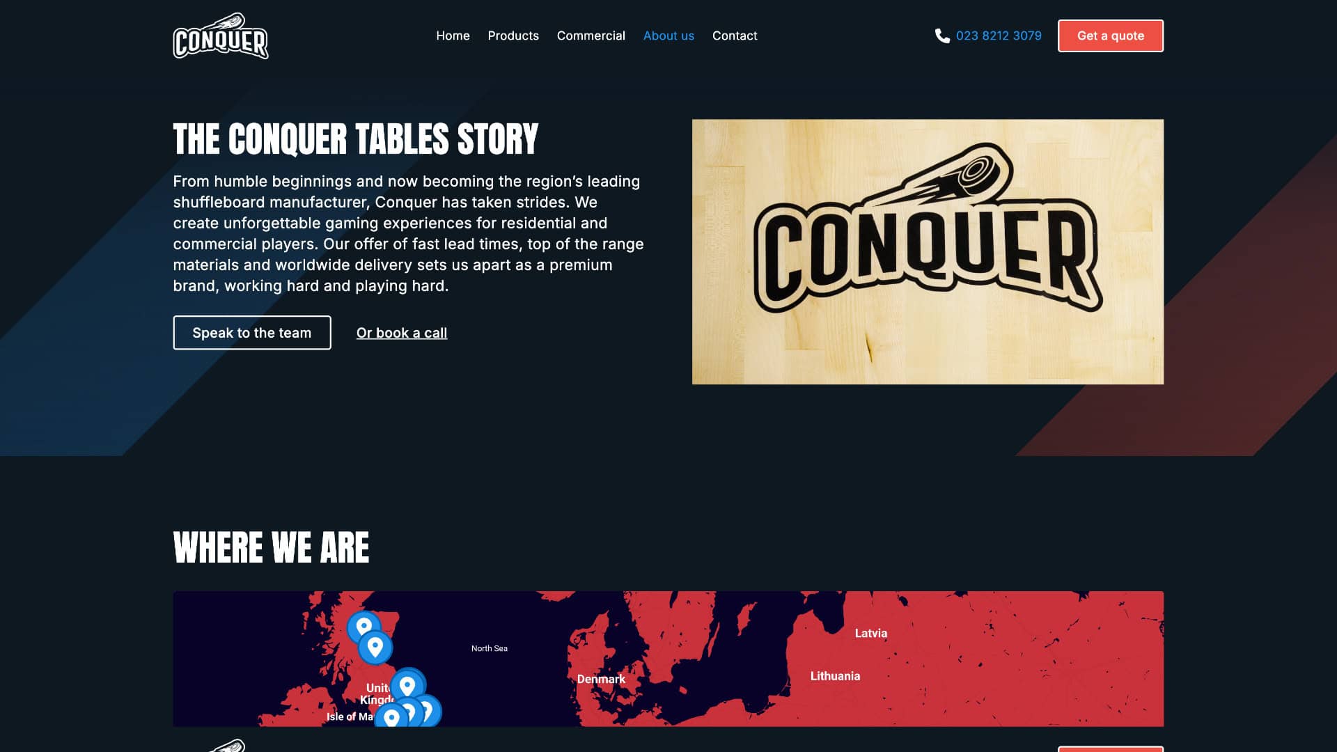 Screenshot of a website section featuring the Conquer logo, company story about Conquer Tables shuffleboard manufacturing, a map highlighting locations, and buttons to contact the team or book a call. | Rubber Duckers