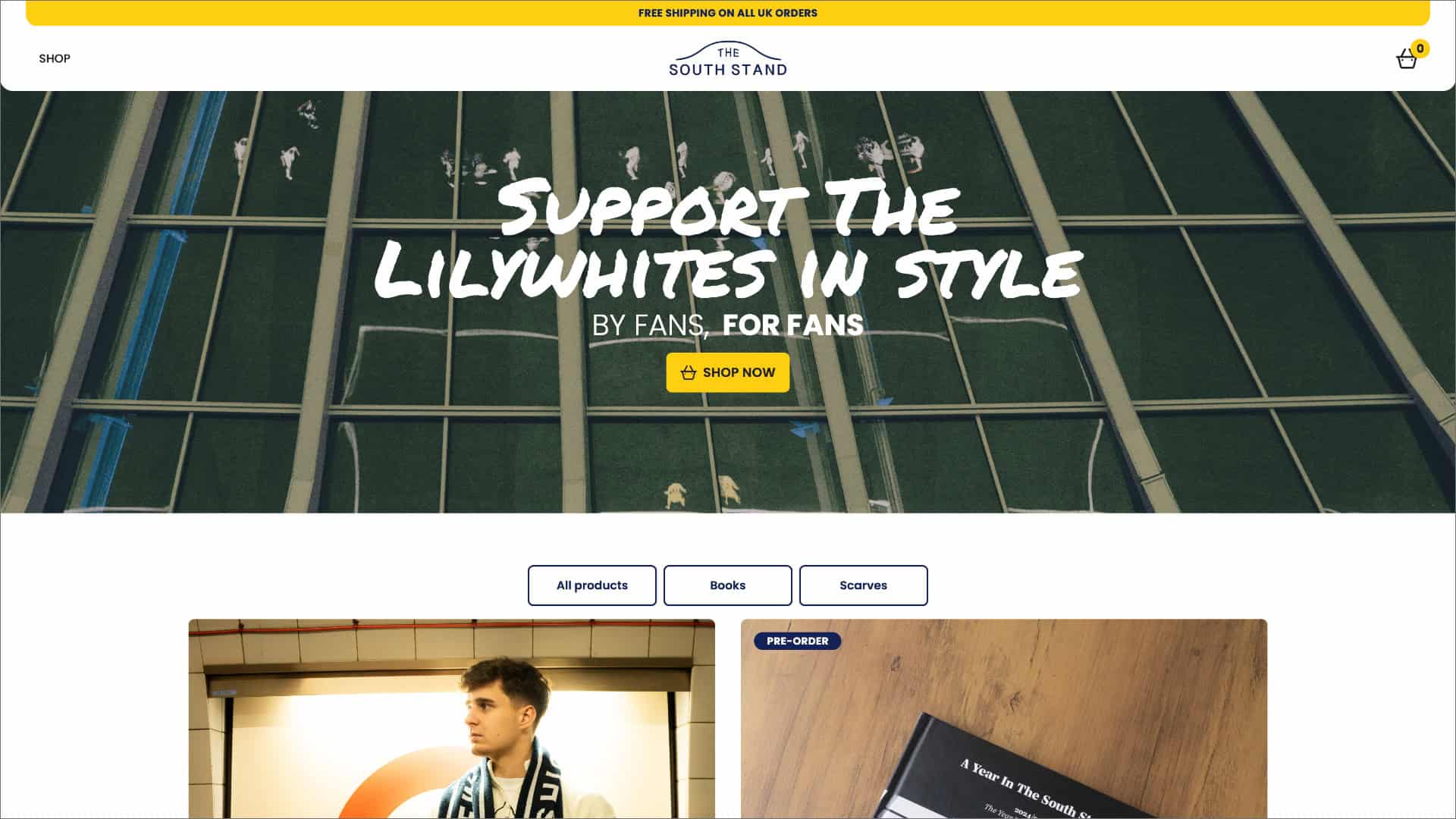 Screenshot of The South Stand website homepage featuring a large banner with "Support The Lilywhites In Style" in bold text and a yellow "Shop Now" button beneath, showcasing the latest South Stand merchandise. | Rubber Duckers