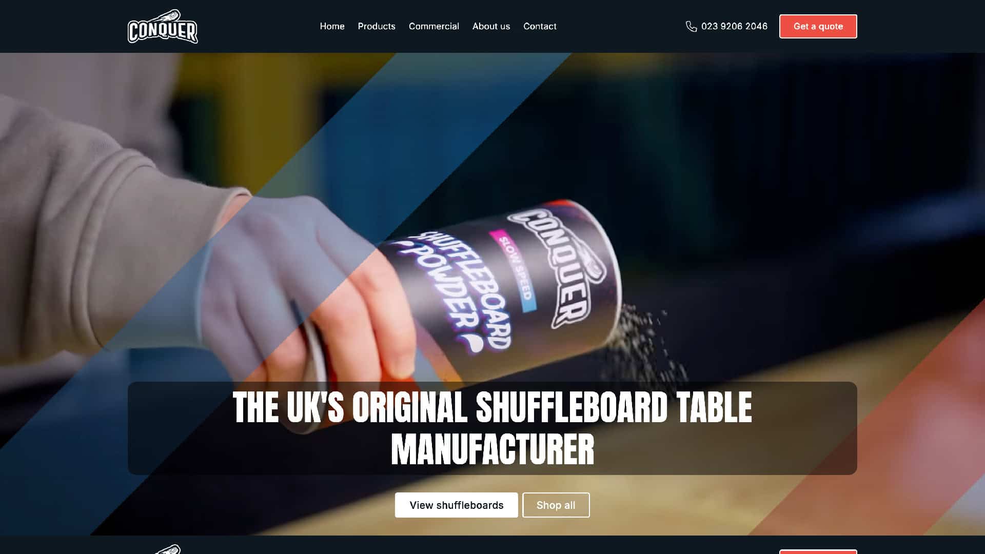 A close-up of a hand sprinkling shuffleboard powder, with the text "The UK's Original Shuffleboard Table Manufacturer – Home of Conquer Tables" and the navigation menu visible on the website. | Rubber Duckers