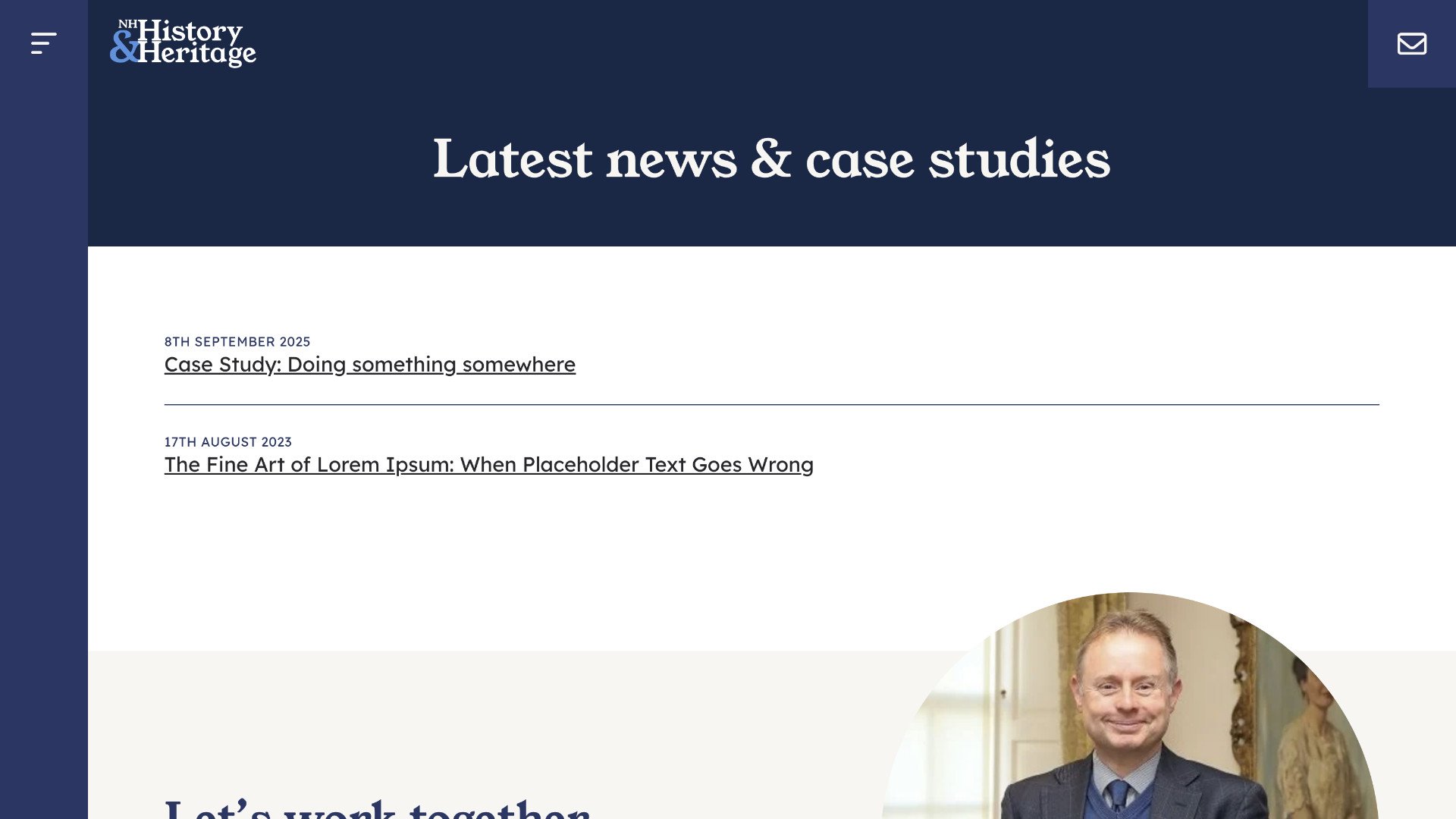 A webpage titled "Latest news & case studies" highlights Heritage and History, listing two articles with dates and a partial preview of Nick Hewitt’s portrait at the bottom right. | Rubber Duckers