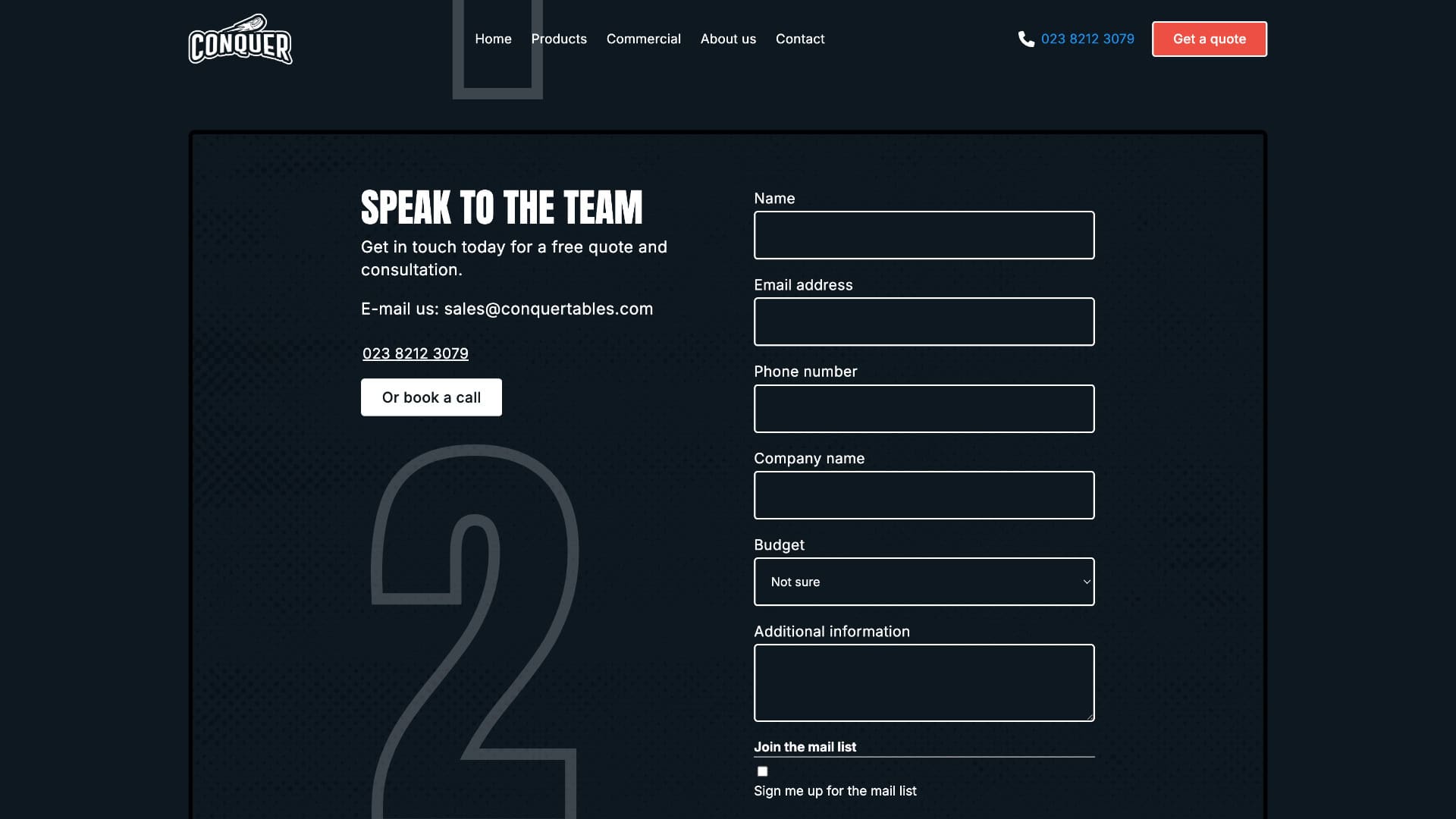 A web contact form for Conquer Tables lets you provide your name, email, phone, company, budget, and extra info, plus easy access to Conquer Tables’ contact details and a convenient button to book a call. | Rubber Duckers