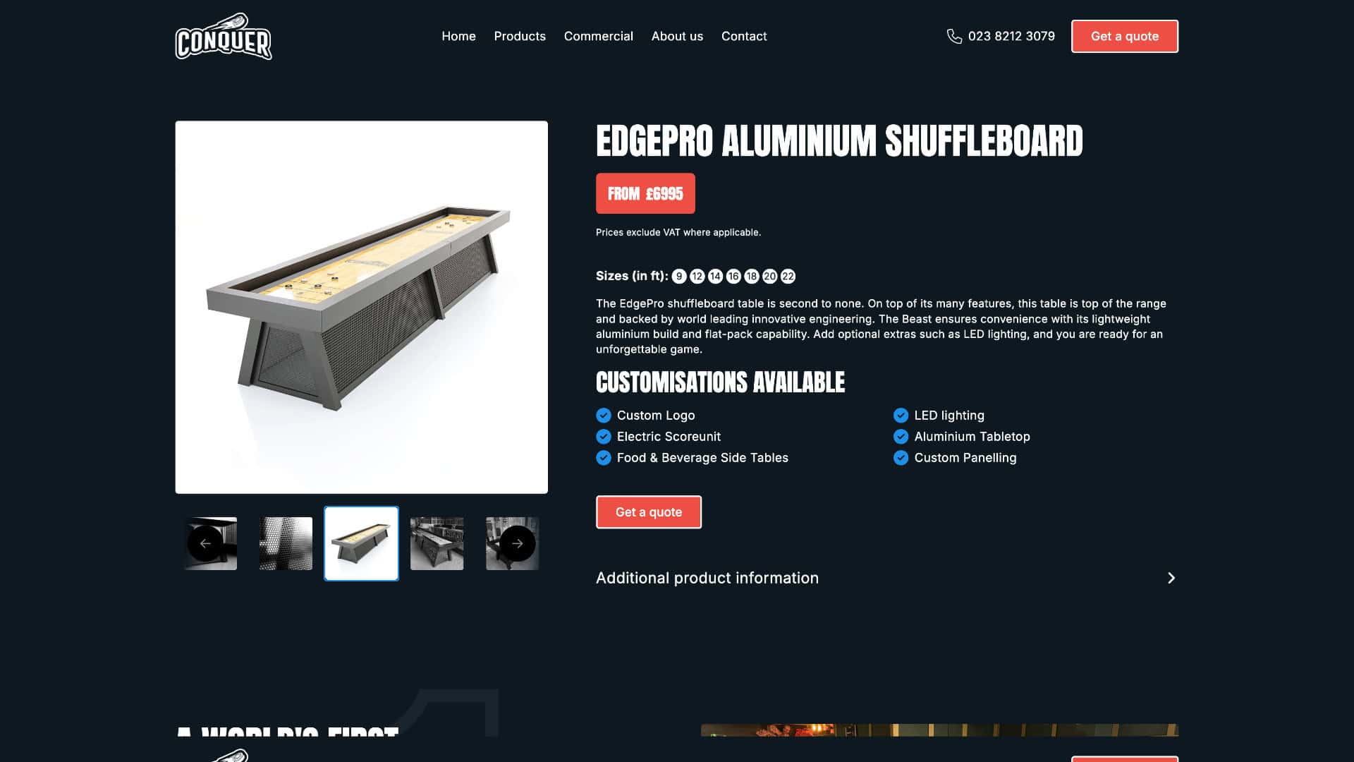 Screenshot of a product page displaying the EdgePro Aluminum Shuffleboard by Conquer Tables, showing its image, price from $6895, customizable features list, and product details. | Rubber Duckers