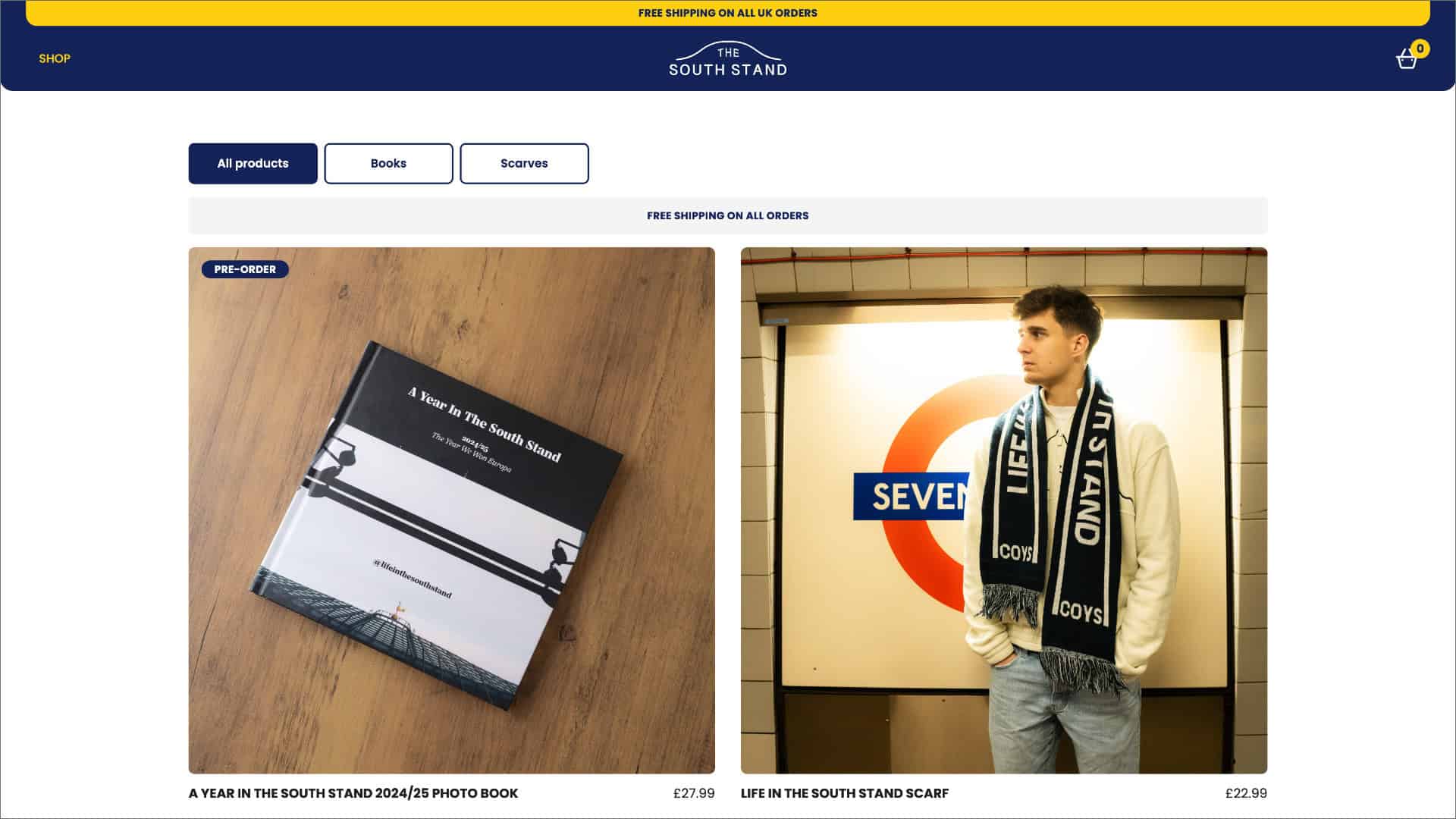 Screenshot of an online shop page displaying a photo book titled "A Year in the South Stand 2024/25" and a man in a "Life in the South Stand" scarf, standing by the Seven Sisters Underground station sign—perfect for any South Stand supporter. | Rubber Duckers