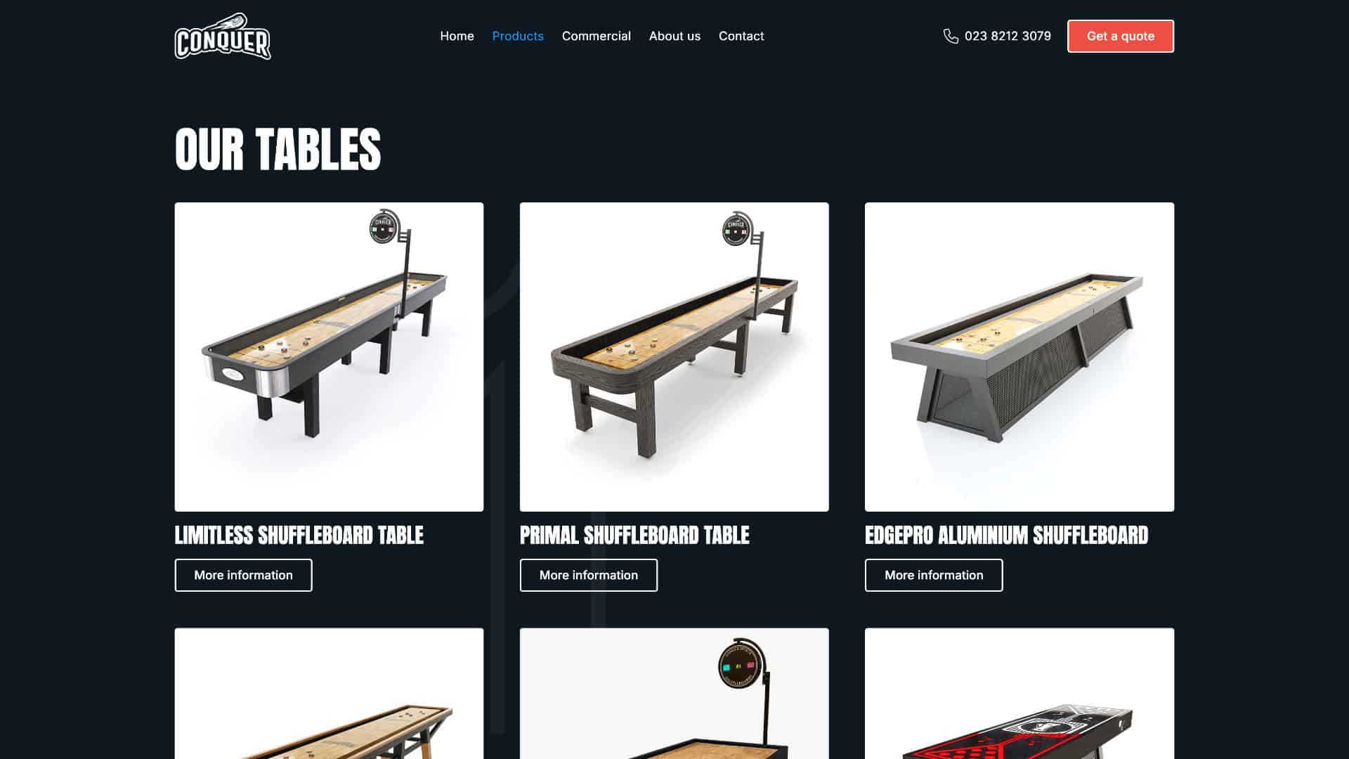 A webpage displays four Conquer Tables shuffleboard tables with product names and "More information" buttons under each image on a dark background. | Rubber Duckers