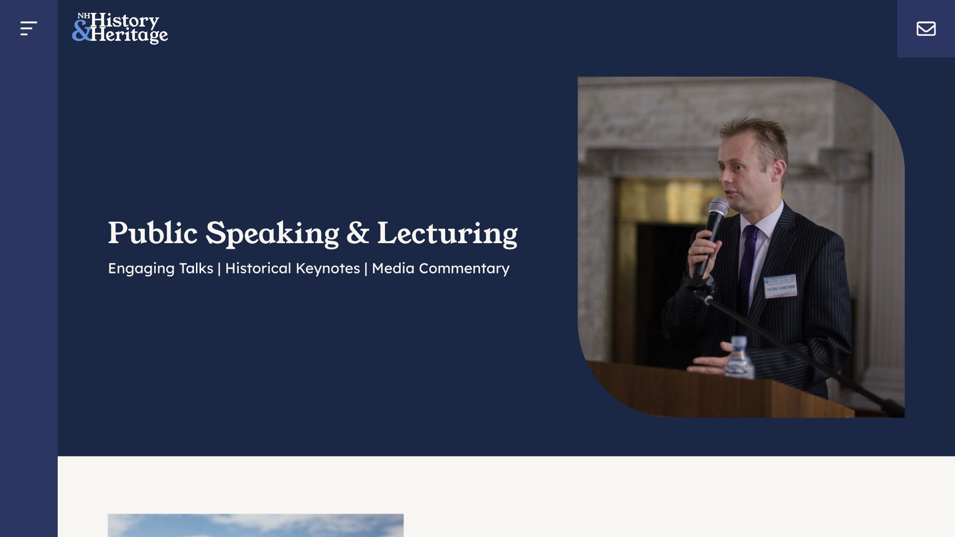 A man in a suit speaks into a microphone at a podium. Text reads: "Public Speaking & Lecturing: Engaging Talks on Heritage & History | Historical Keynotes by Nick Hewitt | Media Commentary. | Rubber Duckers