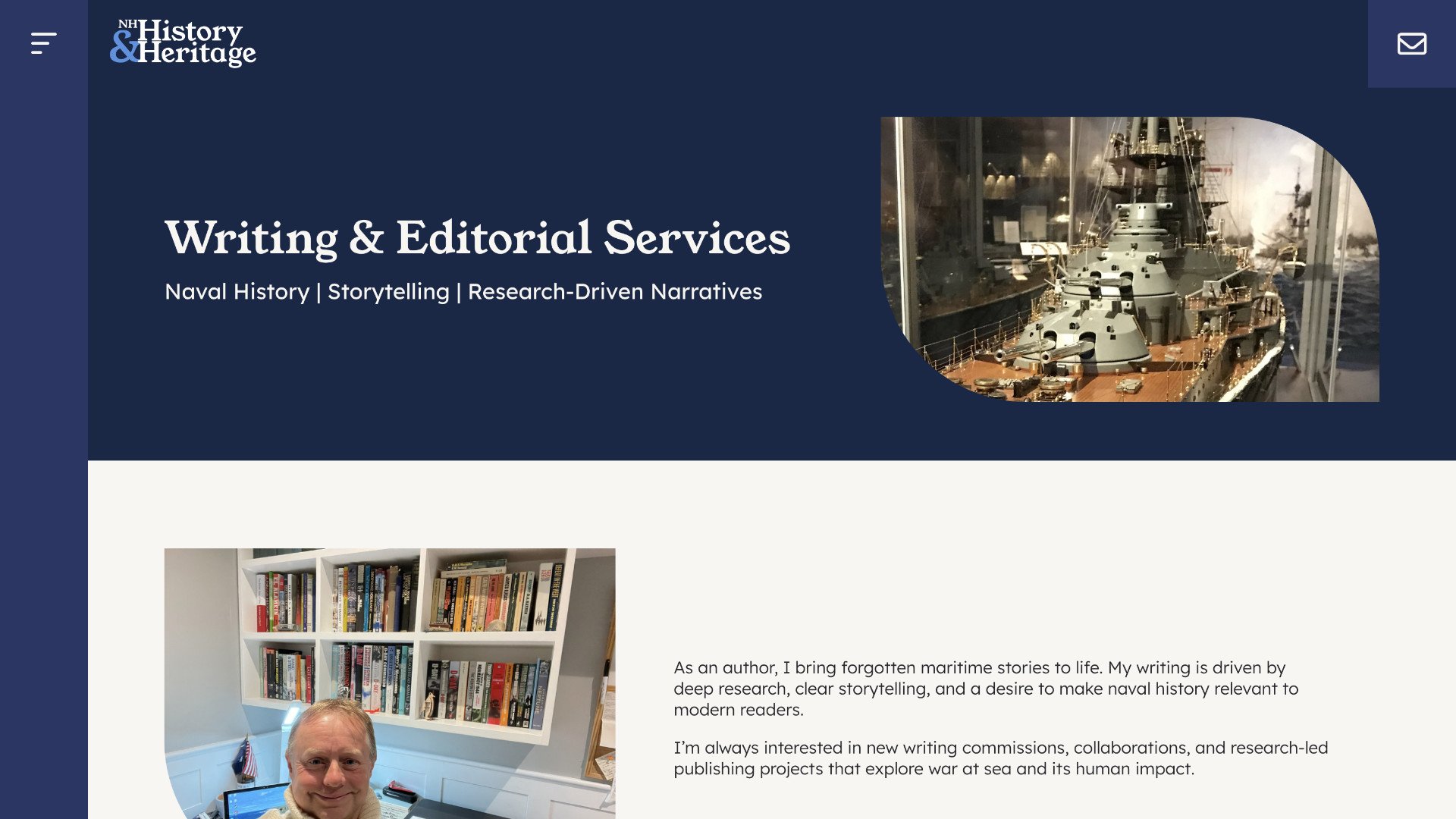 A website page for "Writing & Editorial Services" featuring a warship photo, a bookcase photo, and text about Nick Hewitt’s heritage storytelling and research-driven maritime history narratives. | Rubber Duckers