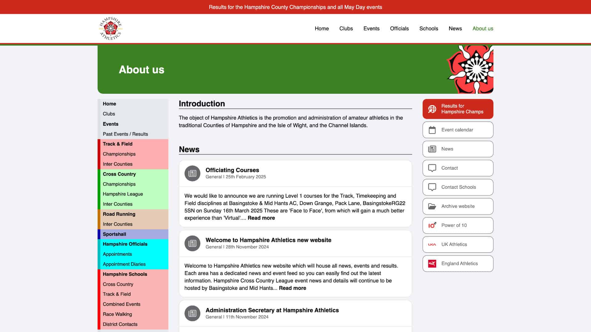 Screenshot of the Hampshire Athletics Club website's About Us page, featuring a green header, navigation menu on the left, and text sections introducing the club and recent updates. | Rubber Duckers