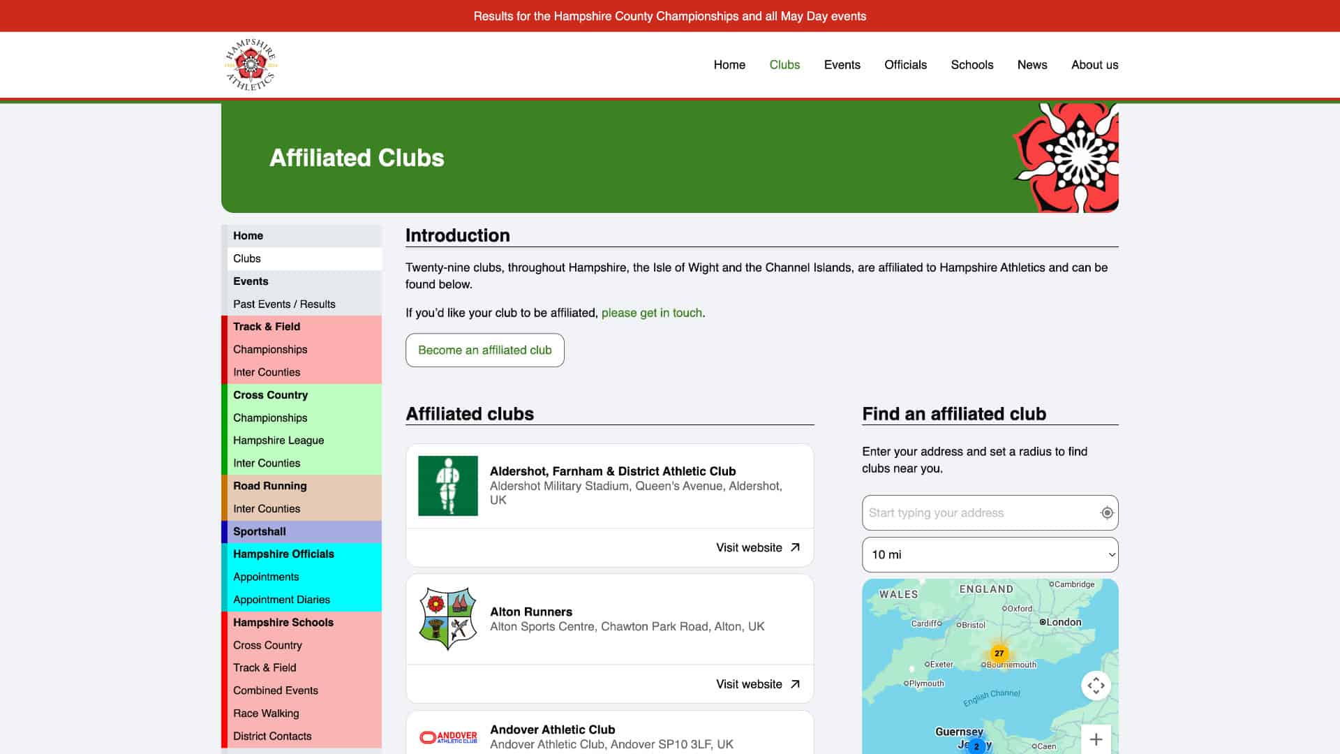 Screenshot of a website page listing Hampshire Athletics Club affiliates in the UK, featuring club names, locations, and an interactive map to find clubs based on location. | Rubber Duckers