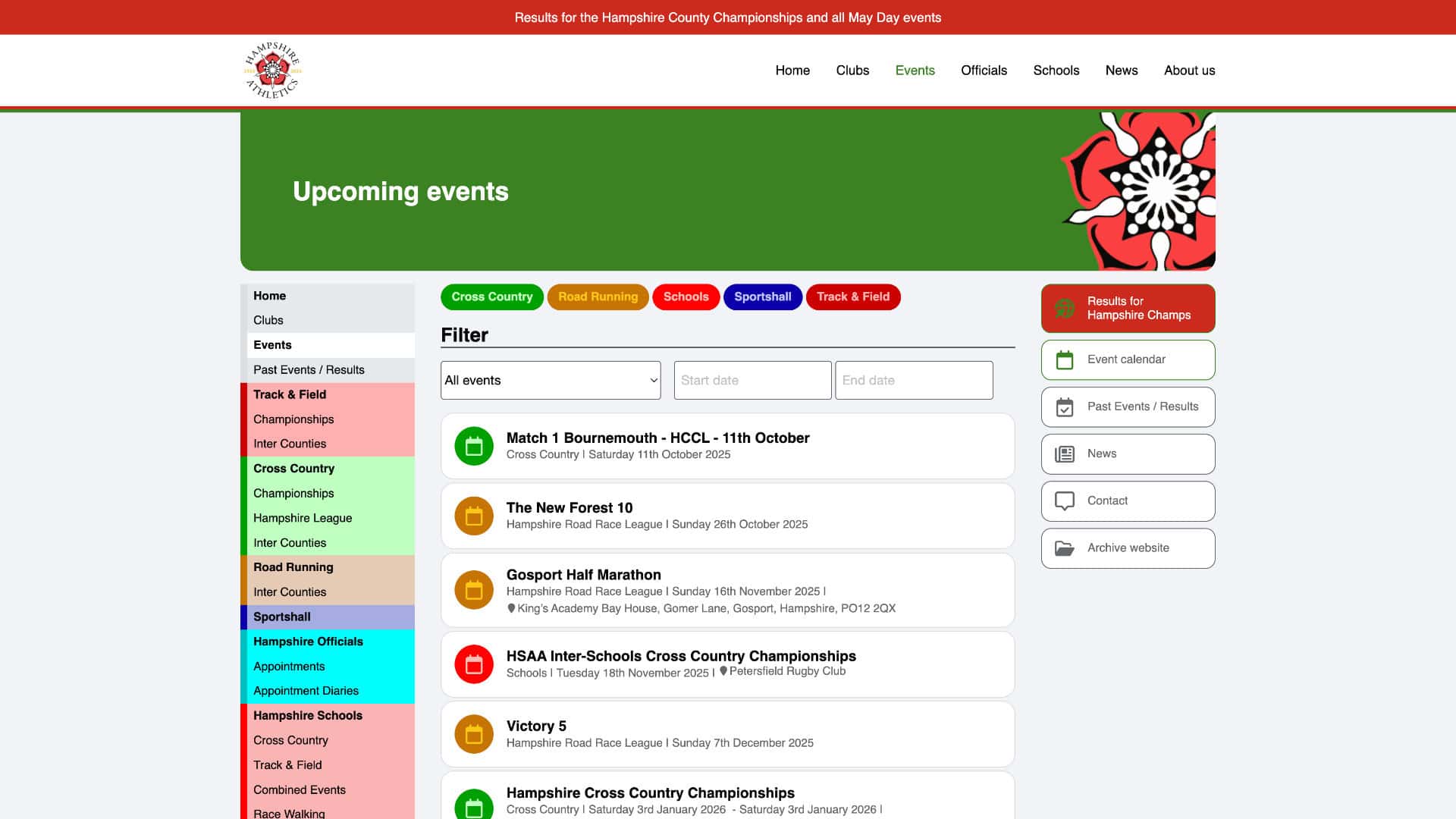 Screenshot of Hampshire Athletics Club’s Upcoming Events page displaying a list of sports events, with filters and a navigation sidebar on the left. | Rubber Duckers