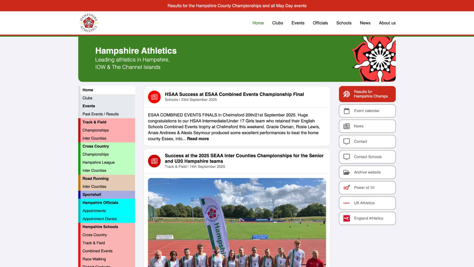 Screenshot of the Hampshire Athletics Club website showing news articles, navigation menu, and a photo of athletes posing on a track holding a Hampshire Athletics flag. | Rubber Duckers