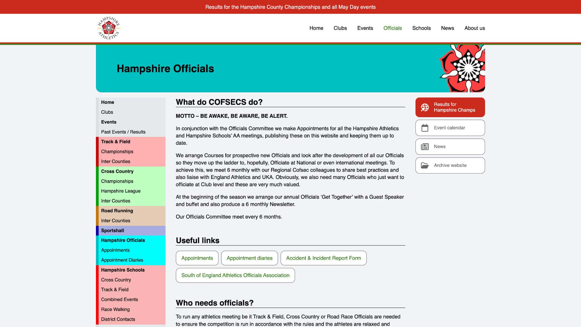 Screenshot of the Hampshire Officials webpage, featuring information about COFSECS roles, meeting details, useful links for Hampshire Athletics Club members, and a navigation menu on the left. | Rubber Duckers