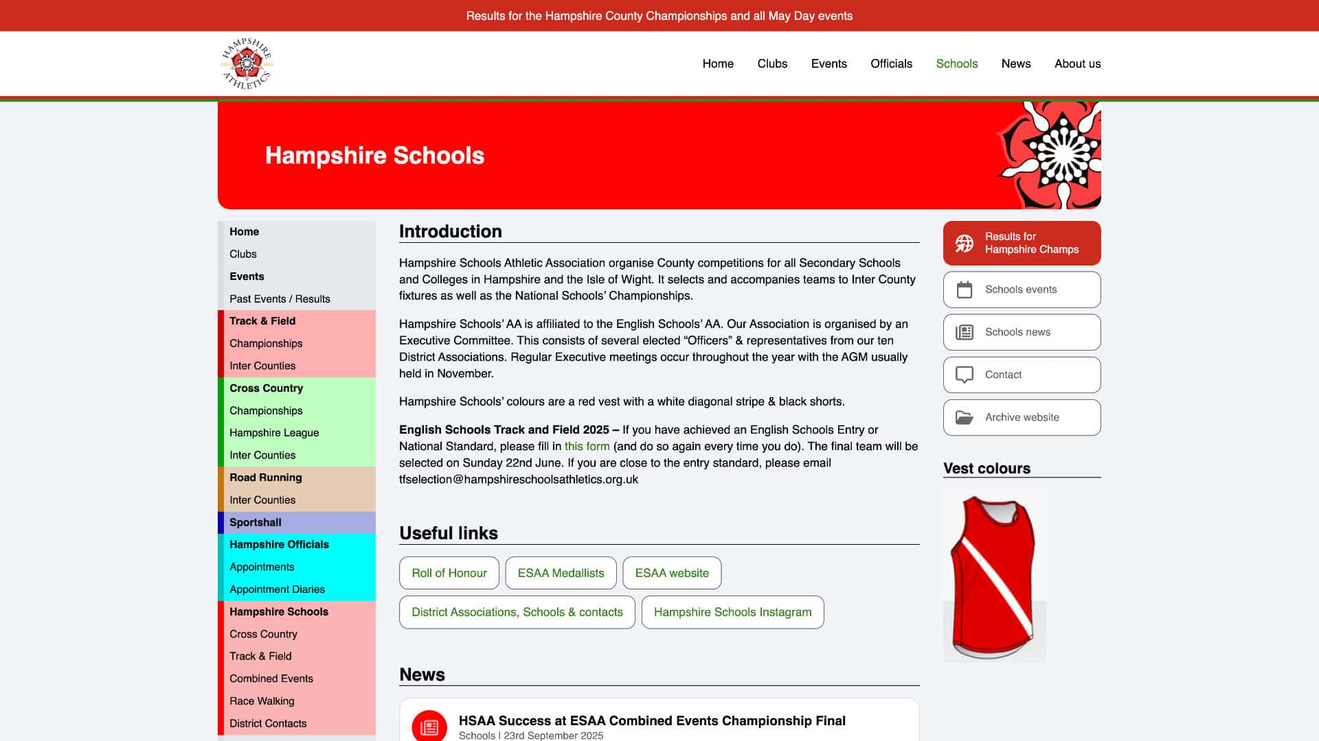 Screenshot of the Hampshire Athletics Association website homepage, featuring navigation menus, an introduction, useful links, and a red and white color scheme. Ideal for those interested in joining a Hampshire Athletics Club. | Rubber Duckers