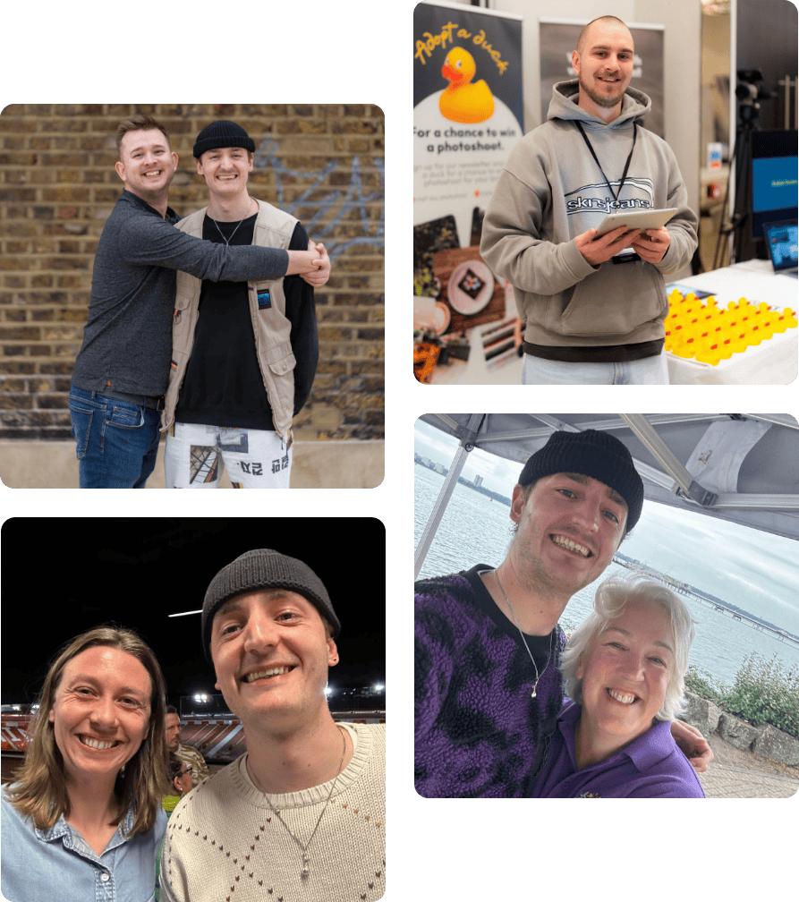 A collage of four photos showing a young man with different people in various settings, including outdoors, at an event booth, and at a waterfront location. | Rubber Duckers